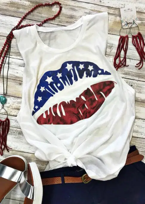 

Vogue Women WhiteTank Tops American Flag Lips Print 2019 Harajuku Tank Female Summer Sleeveless Funny Tops Ladies Korean Tee