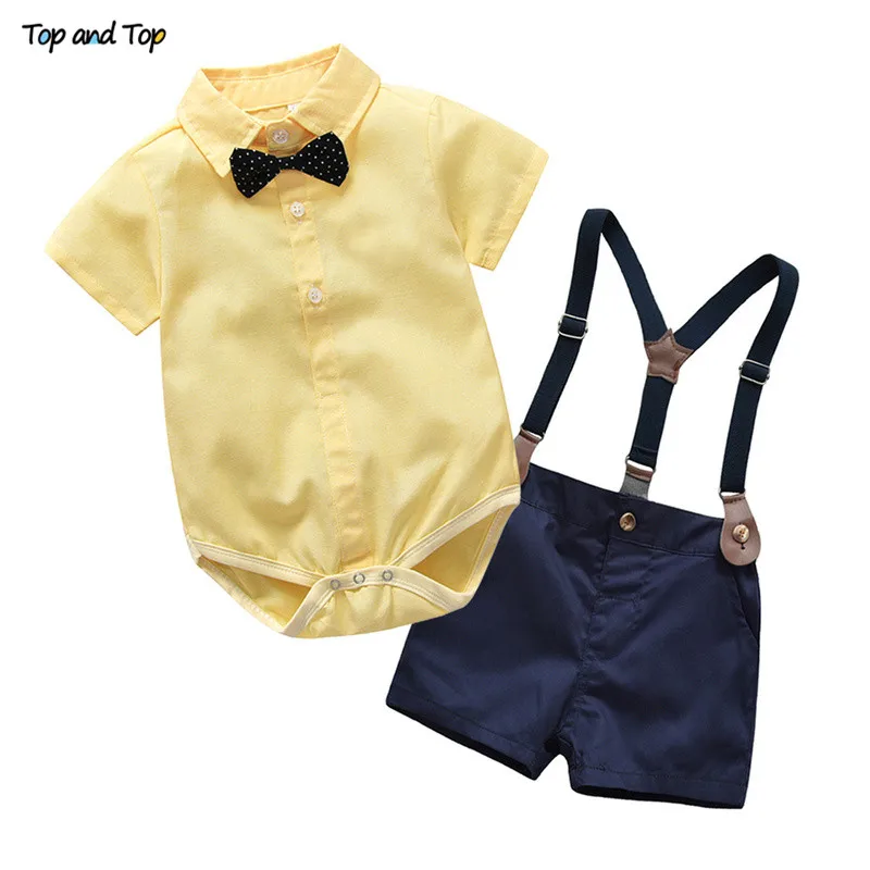Топ и топ, комплект одежды для маленьких мальчиков, Костюм Джентльмена Детская рубашка с короткими рукавами и галстуком-бабочкой+ шорты на подтяжках повседневная одежда для маленьких мальчиков