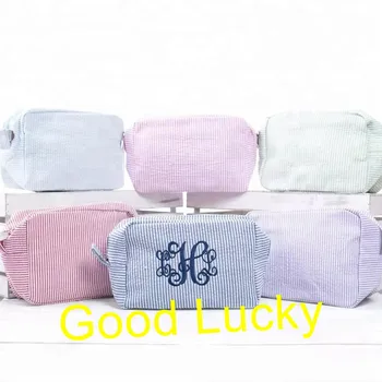 

100pcs/lot Wholesale Personalized Monogrammed Seersucker Cosmetic Toiletry Bag Personalized Seersucker Makeup Bag