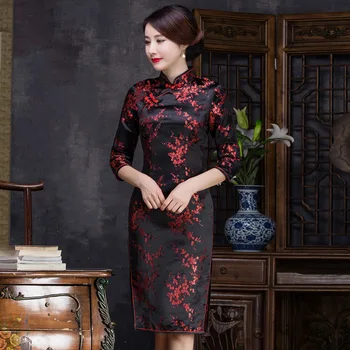 

Sexy Split BLACK Women Cheongsam Mandarin Collar Vintage Chinese Style Prom Party Dress Elegant Floral Slim Qipao Oversize 3XL
