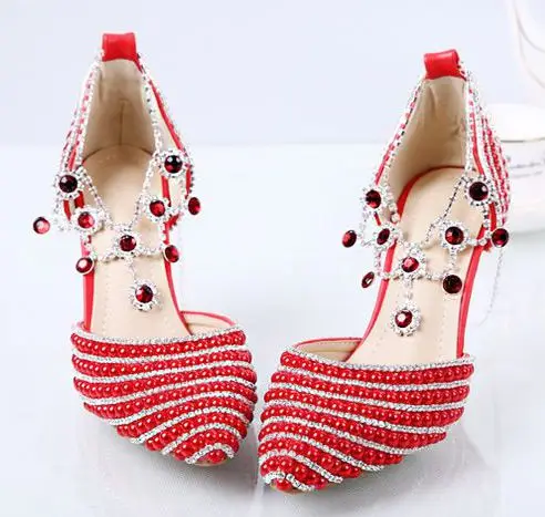

pointed toe sexy red stripes crystal pearls pumps shoes woman TG521 point toes ankle straps sexy super elegant ladies party shoe
