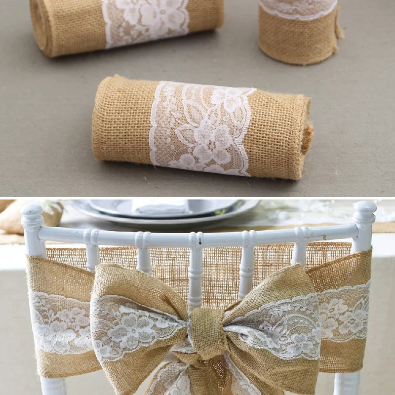 

10 pcs (15cm x 240cm) jute Burlap Lace Hessian Natural Elegant Burlap Chair Sashes Jute Chair Tie Bow for Rustic Wedding decor