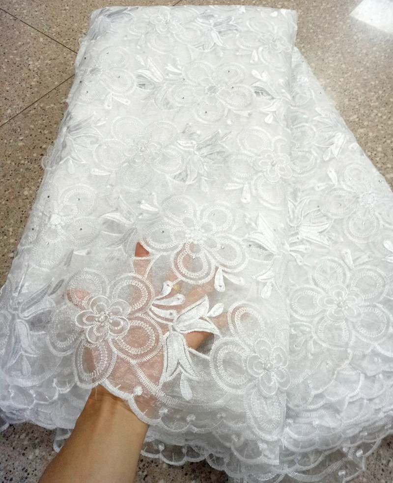 

Fashion African organza Lace Fabric White French Lace Fabric High Quality With Stone Nigerian Embroidery cheap Tulle Lace Fabric