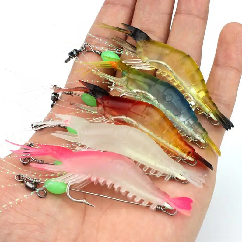 

5pcs/lot 9cm 5.2g Luminous Shrimp Lures Soft Baits 5 Colors Mixed Artificial Baits with Fishing Hooks and Beads