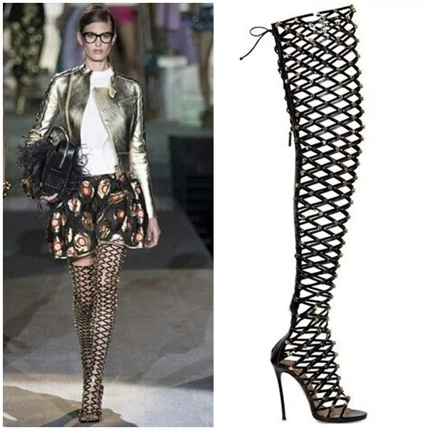 caged thigh high boots
