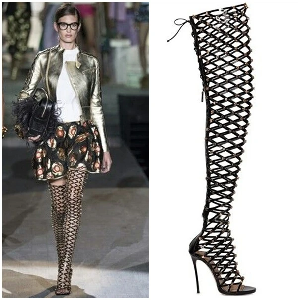 caged thigh high heels