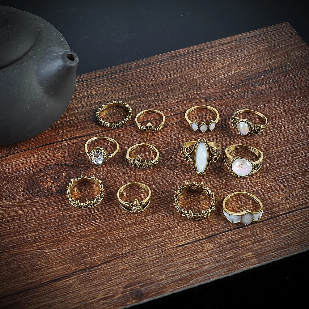 

Vintage Heart stone Rings Set Woman Bohemian Antique Turtle hollow crown Rings Jewelry