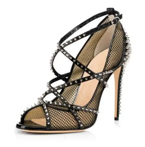 

Moraima Snc Womens Fashion Punk Style Peep Toe Studs Fishnet High Heel Sandals Shoes Summer Ankle Strap Thin Heels Dress Shoe