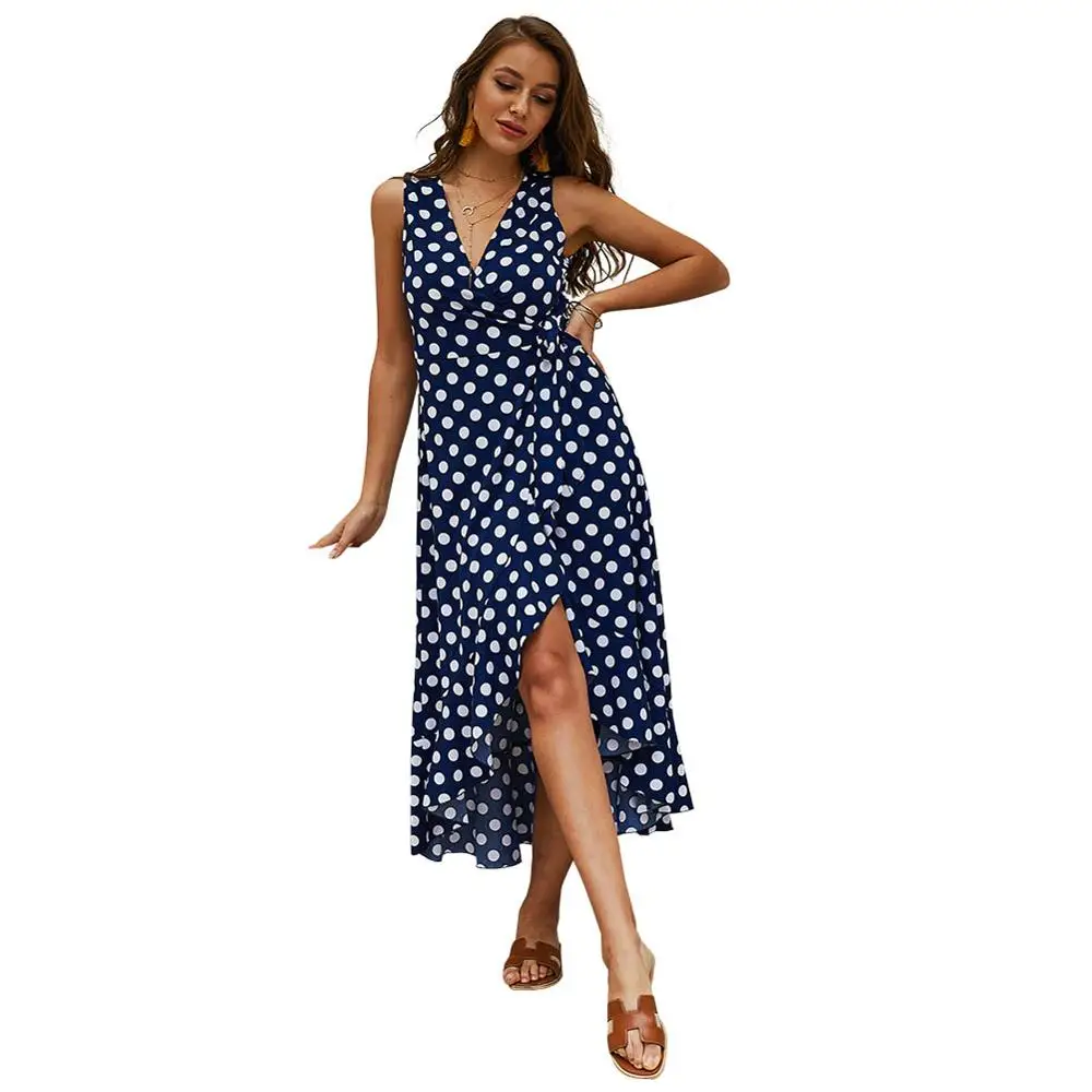 MAIAKO 2019 Summer Wommer Dress Polka Dot Ptint Polyester V Neck Sexy Women Split Dress Sleeveless For Women Clothing Bohemian MAIAKO 2019 Summer Wommer Dress Polka Dot Ptint Polyester V Neck Sexy Women Split Dress Sleeveless For Women Clothing Bohemian
