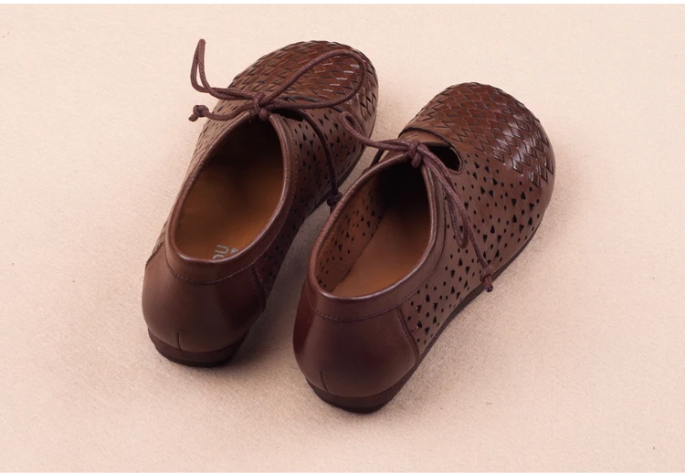 Women Flats 2018 Summer Retro Handmade Breathable Flat Cow Leather Hole Shoes Comfortable Female Sandals Lace Up Vintage Shoes (8)