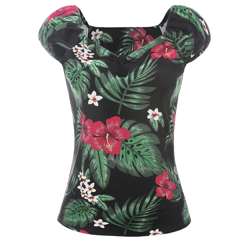 Joineles, женская летняя ретро футболка с цветочным рисунком и листьями, хлопковые повседневные женские рубашки, 60 s, винтажные топы на пуговицах, 3 цвета, Новое поступление