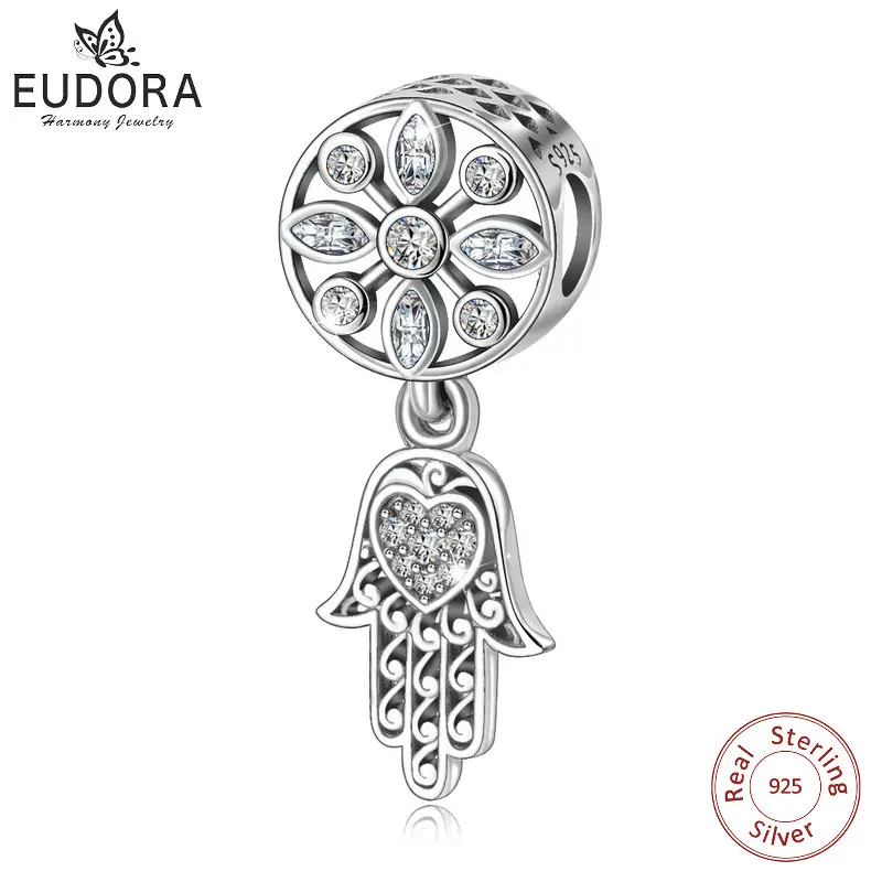 

EUDORA 925 Sterling Silver Hamsa Hand Charms Clear Crystal Flower Bead Pendant for Women Silver Bracelets DIY Jewelry Making Z64