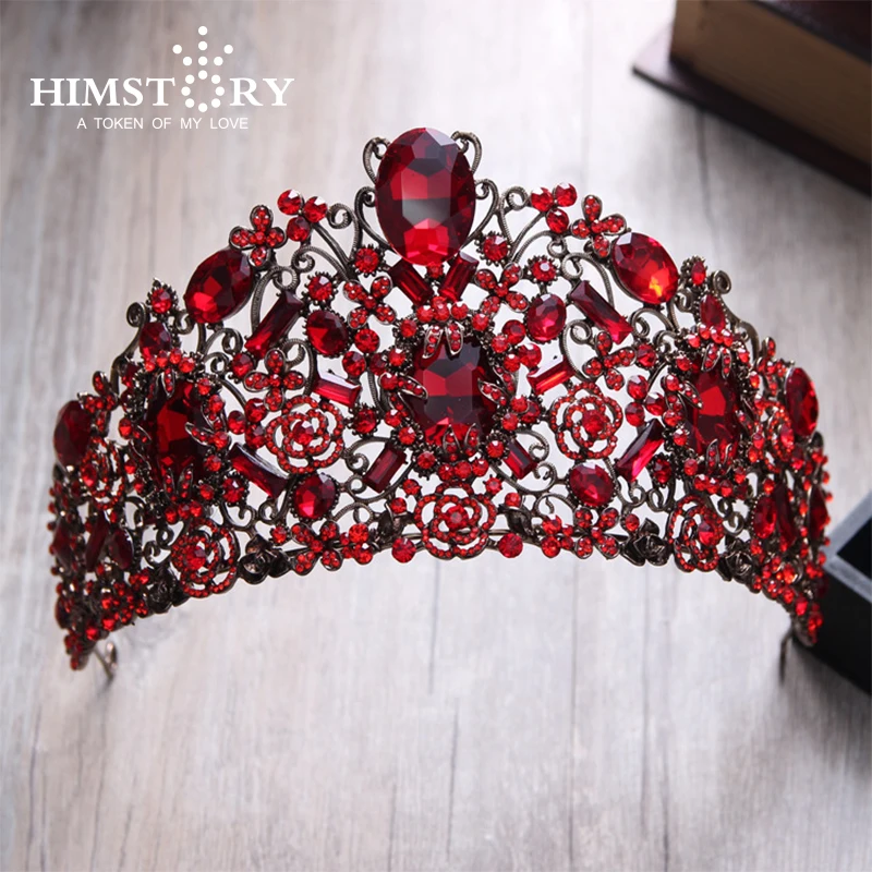 

Himstory Large Tiaras Crown Red Rhinestones Crstyal Black Gun Hair Headpiece Wedding Bridal Pageant Prom Party