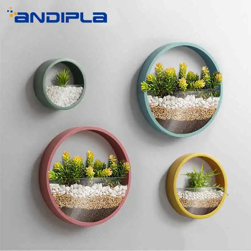 

Simple Round Colourful Wall Vase Iron Succulent Plant Glass Potted Flower Pot Creative Home Decor Office Wall Ornament Bonsai