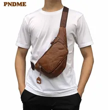 PNDME vintage casual simple outdoor daily soft genuine leather cowhide men's women's chest bag light sport small messenger bags