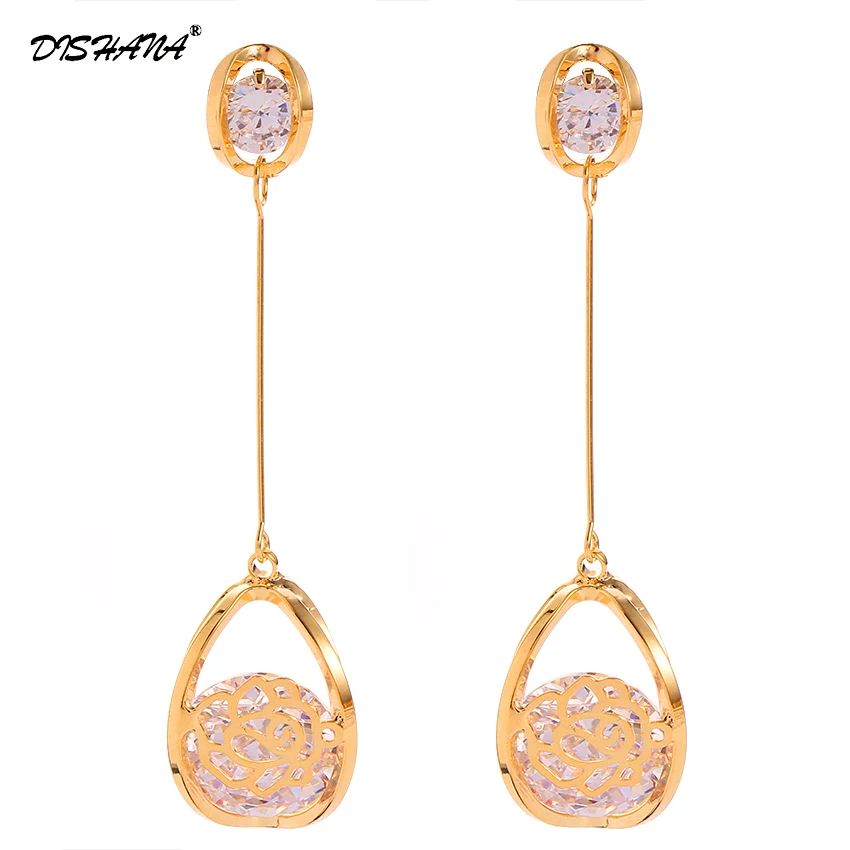 

Women Fashion Earrings Zircon Rose Gold-color Fashion Flower Earings Accessories Long Earrings for Women Jewellery E0545