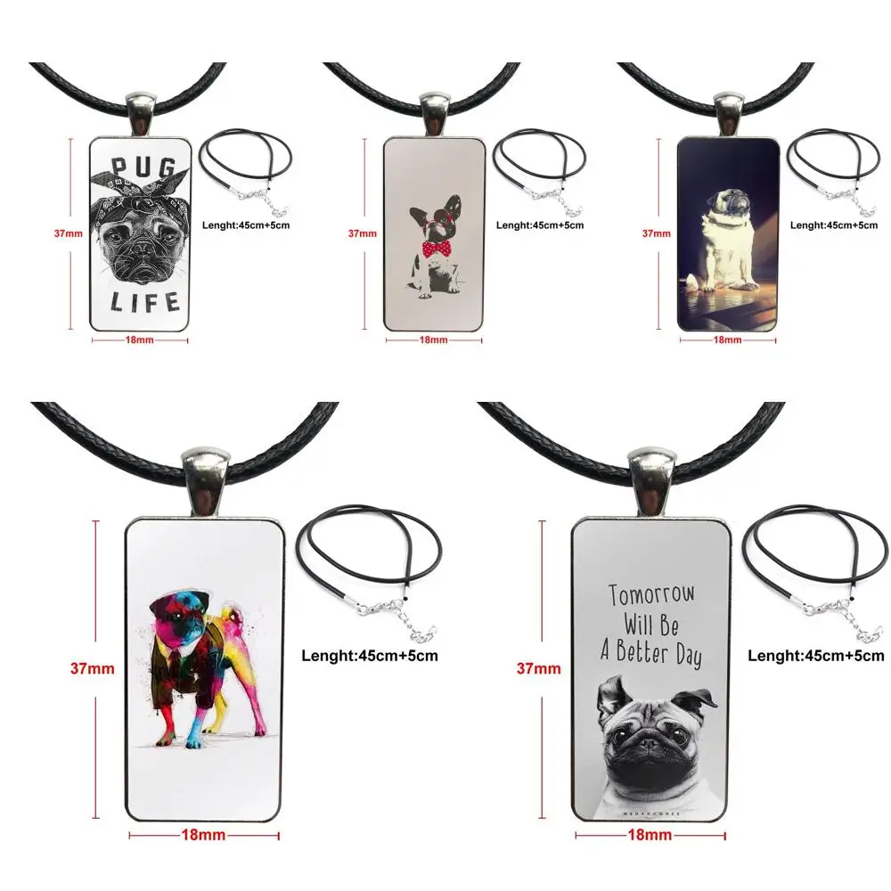 Cute Animal Pug Life Dog Cool Painted For Women Girls Glass Pendant Necklace Handmade Half Rectangle |