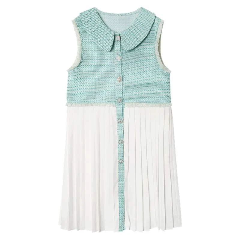 

PERHAPS U Light green Tweed plaid patchwork chiffon a-line dress peter pan collar sleeveless tank button mini dress D1435