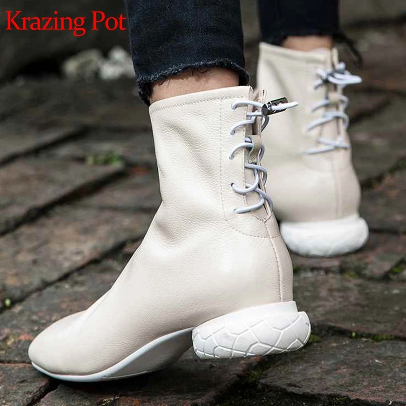 

krazing pot new genuine leather women winter square toe strange design low heels Korean fashion elegant charming ankle boots L01