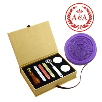 

Vintage Retro Brass Head Wooden Handle Wax Seal Stamp Kit Set With Box (Monogram)