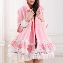 Сладкий розовый мягкий и теплый половина рукав летучая мышь с меховой отделкой с капюшоном пончо пальто/куртка с многослойным кружевом для леди