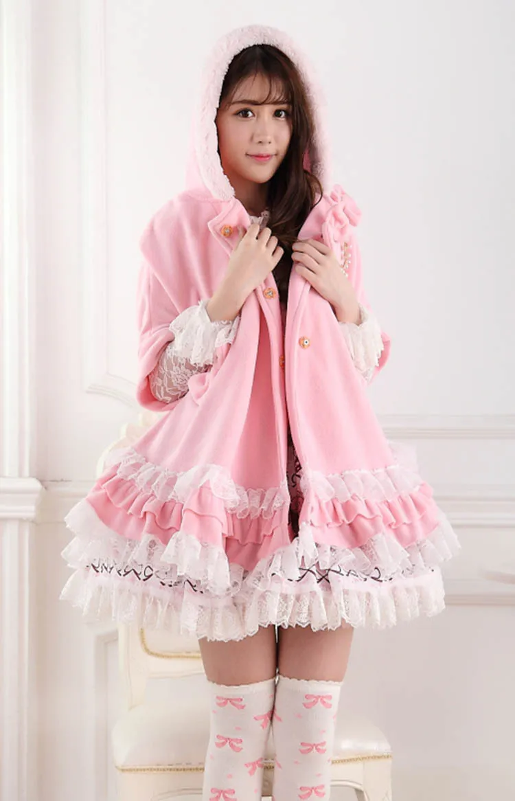 

Sweet Pink Soft and Warm Half Batwing Sleeve Fur Trimmed Hooded Poncho Coat/Jacket with Layered Lace for Lady