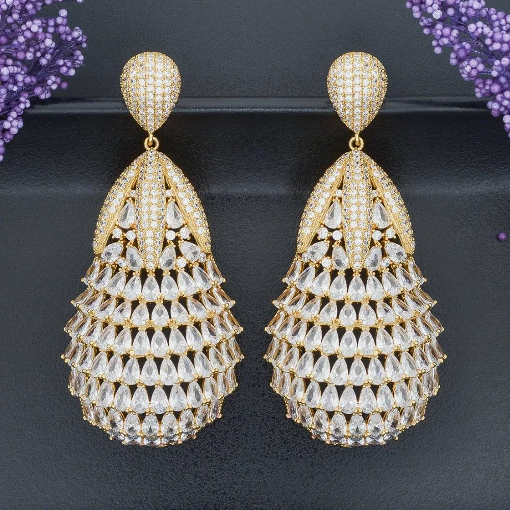

ModemAngel Luxury Wedding Bridal Accessories Flower Cubic Zirconia Gold Color Long Big Drop Earrings For Women