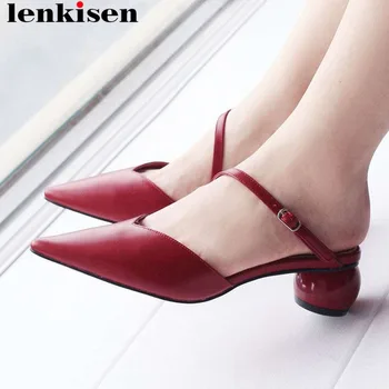 

Lenkisen hot selling full grain leather slip on mules strange med heels women sandals elegant British style dating shoes L25