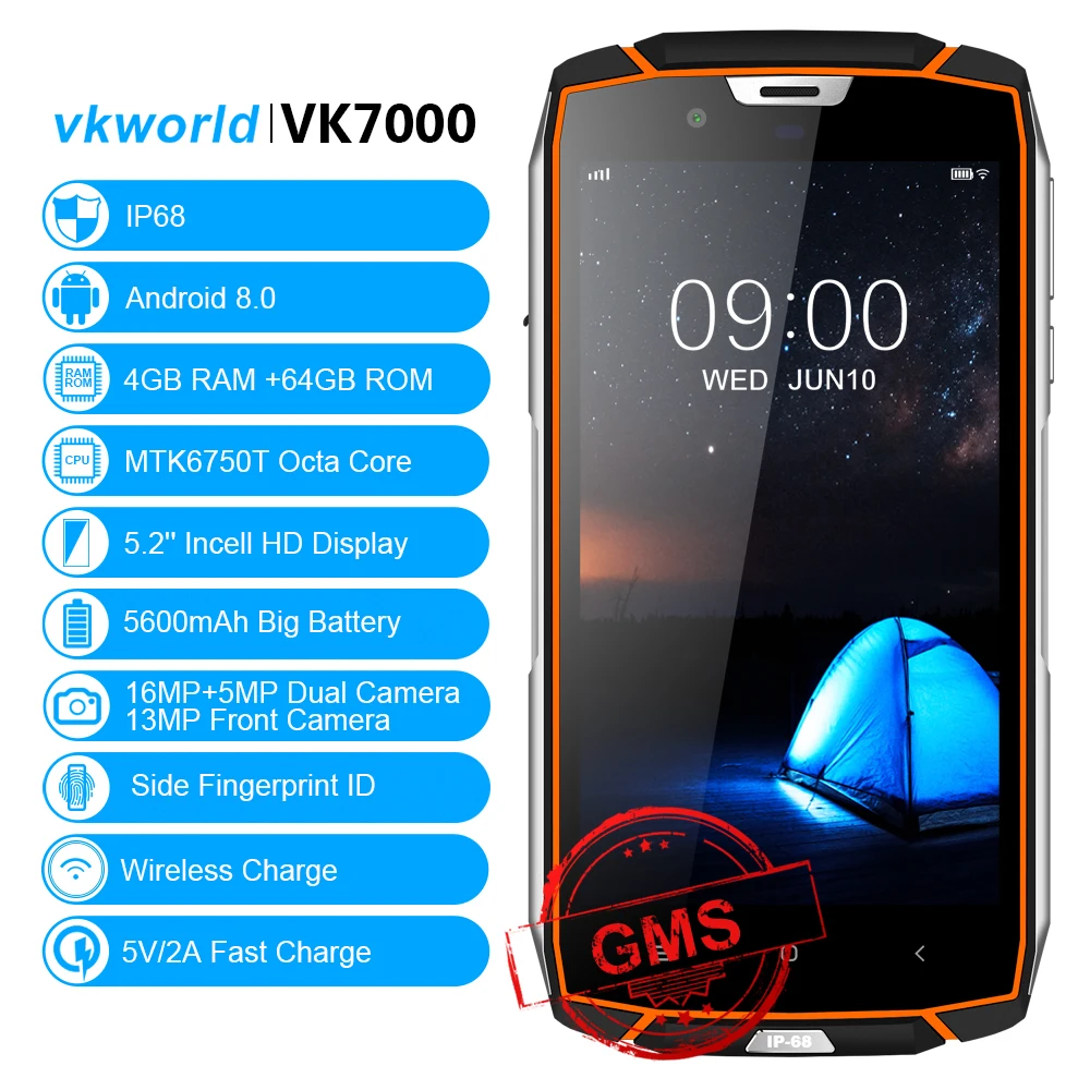 IP68 водонепроницаемый прочный мобильный телефон vkworld VK7000 5," MTK6750T Octa Core Face ID 4 Гб ram 64 Гб rom Беспроводная зарядка 4G Lte телефон