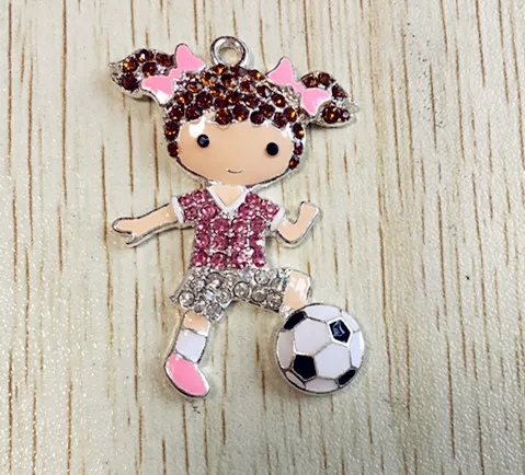 

46x32mm 10pcs/lot silver Zinc alloy rhinestone brown hair Football girl Pendants for chunky beads Jewelry Necklace