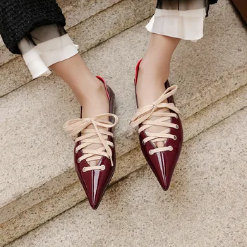 

YMECHIC 2019 New Autumn Summer Genuine Cow Leather Pointed Toe Low Heels Shoes Woman Cross Strap Lace Up Gladiator Pumps Black
