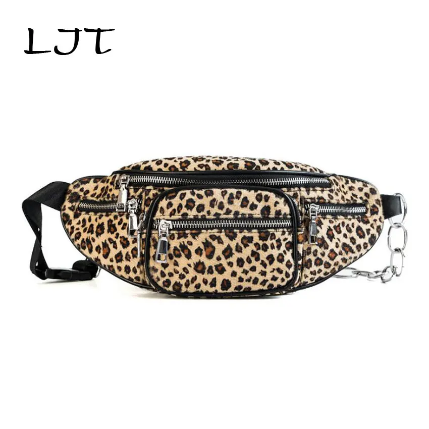 

LJT New Women Waist Bag Leopard-print Fur Fashion Chest Bag Beads Shoulder Messenger Bags Multifunction Women Fanny Pack heuptas