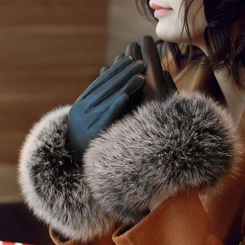 

A98 New Fashion genuine leather gloves winter keep warm fox Fur Sheep skin Leather Gloves Women Mittens