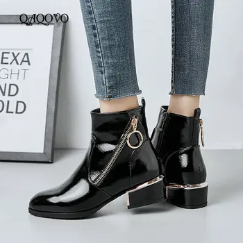 

2019 Spring Autumn Fashion Zipper Ankle Boots Women Comfortable Square Low Heel Boots Sexy Patent Leather Winter Shoes Black