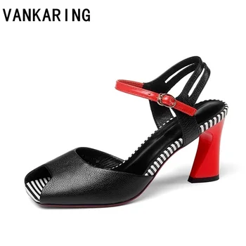 

VANKARING women pumps genuine leather shoes woman peep toe strange heel shoes ladies buckle dress office super high heels size39