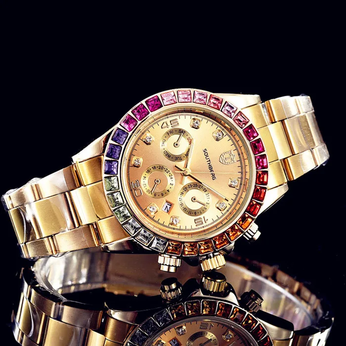 Роскошные southberg часы Для мужчин GMT Стекло Дата Нержавеющая сталь Для женщин Для мужчин S Спорт кварцевые Цвет со стразами Часы Reloj Hombre