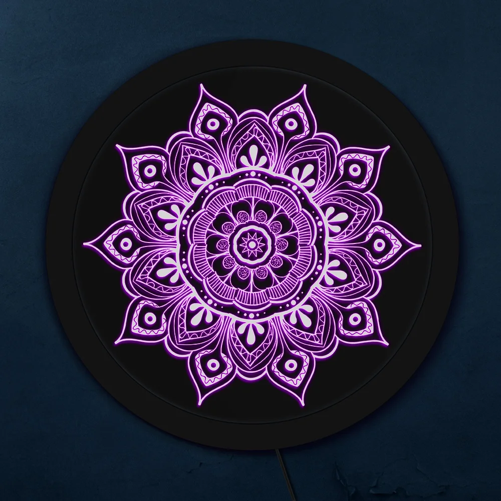 

Colorful Flower Pattern Mandala LED Lighting Sign Complex Flourish Weave Medallion Yoga Studio Multi-color Lighed Hanging Board