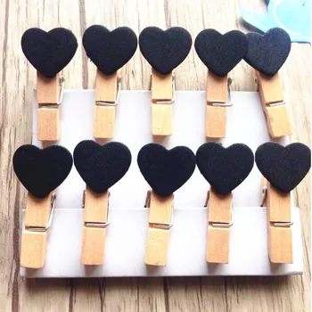 

10pcs/lot Fashion Cute Black color Heart design Special Gift Wooden Clip Mini Bag Clip Paper Clip wood pegs Students' DIY Tools