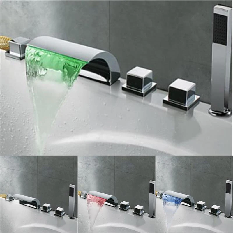 quyanre 5pc led waterfall bathtub faucet chrome brass mixer tap 3 handles handshower waterfall spout bathroom shower faucet5