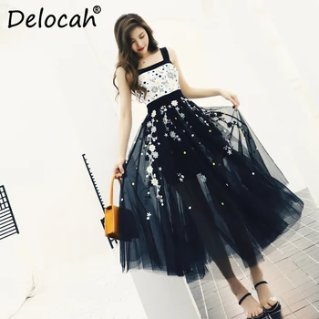 

Delocah Women Spring Summer Dress Runway Fashion Designer Sexy Spaghetti Strap Gorgeous Embroidery Elegant Mesh Beach Lady Dress