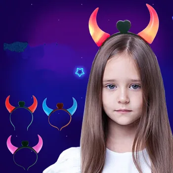 

6pcs! Cute party horn headband Concerts Halloween Decoration Headband Luminous night light electronics lamp with button battery