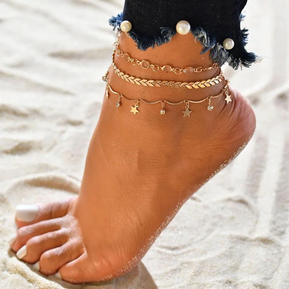 

Delicate Summer Beach Women Tassel Star Pendant Layers Ankle 3 Pcs/Lot Link Chain Anklets Foot Bracelet On The Leg Jewelry