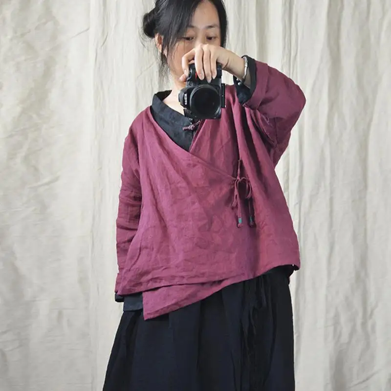 Lacing_Ramie_Autumn_Solid_Women_V-neck_Top_3_800x