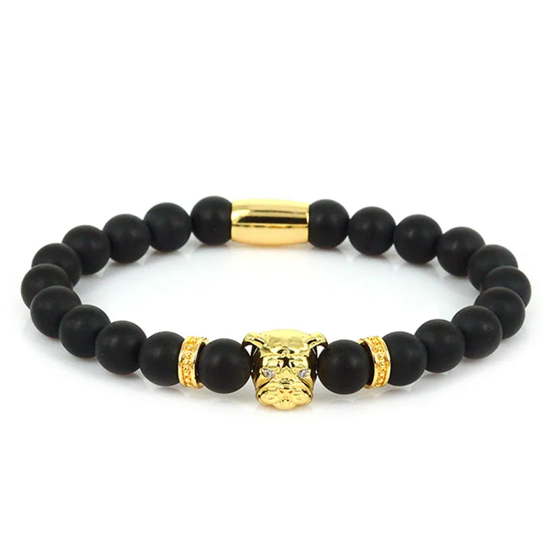 Gold Lucky Gem дизайн 8 мм ониксовый матовый бусы из природного камня с золотом, серебром и розой бульдог Шарм мужские браслеты - Окраска металла: Gold