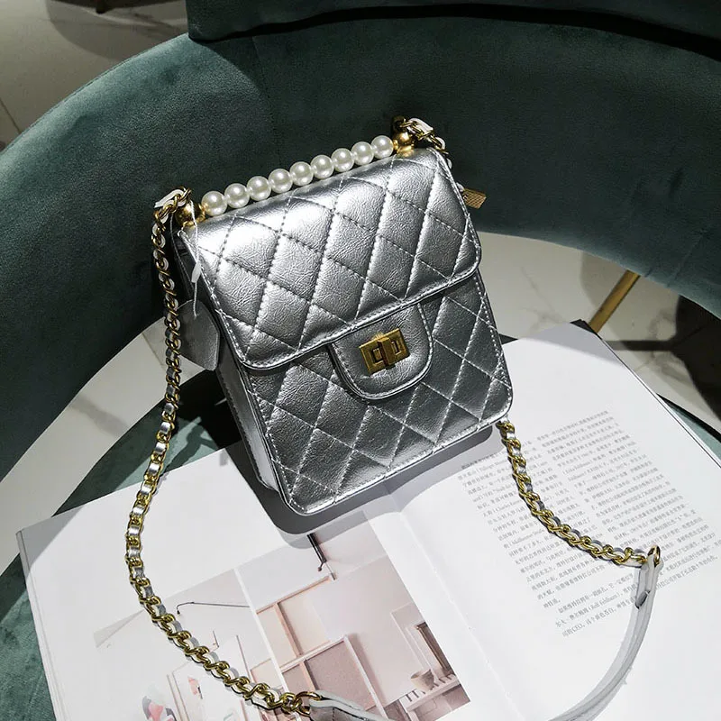 

10 Color Two Style Diamond Lattice Pearl Chain Shoulder Messenger Bags Mini Women Purses and Handbags Sac A Main