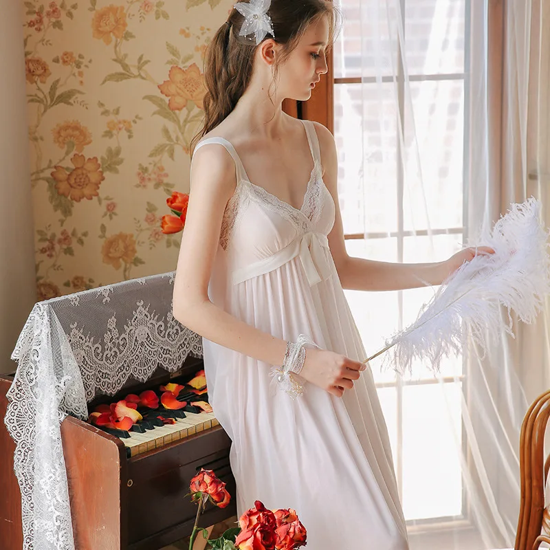 

Sleeveless Nightgown Long Dress Sexy Princess Woman Sleepwear Vintage Lace Sweet Nightgown Summer Women Nightwear Bow-knot