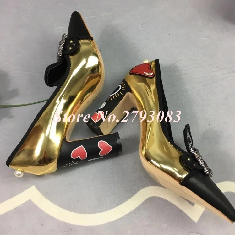 Новая обувь с пряжкой женские кожаные туфли-лодочки золотистого цвета туфли-лодочки на высоком квадратном каблуке дизайнерские женские туфли-лодочки для подиума с граффити модельные туфли для вечеринок