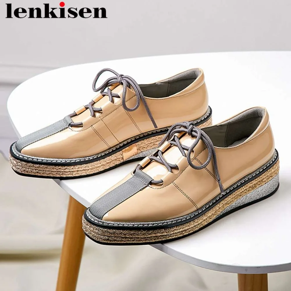 

Lenkisen retro mixed colors lace up straw decoration concise style shallow pumps thick med bottom platform party dating shoe L26
