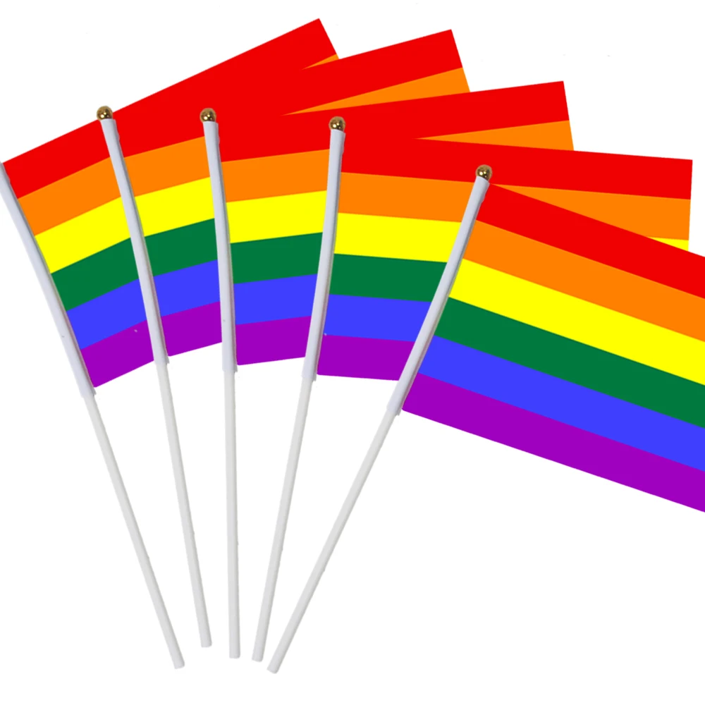 14x21cm 5pcs rainbow Stick Flag polyester hand waving flags with