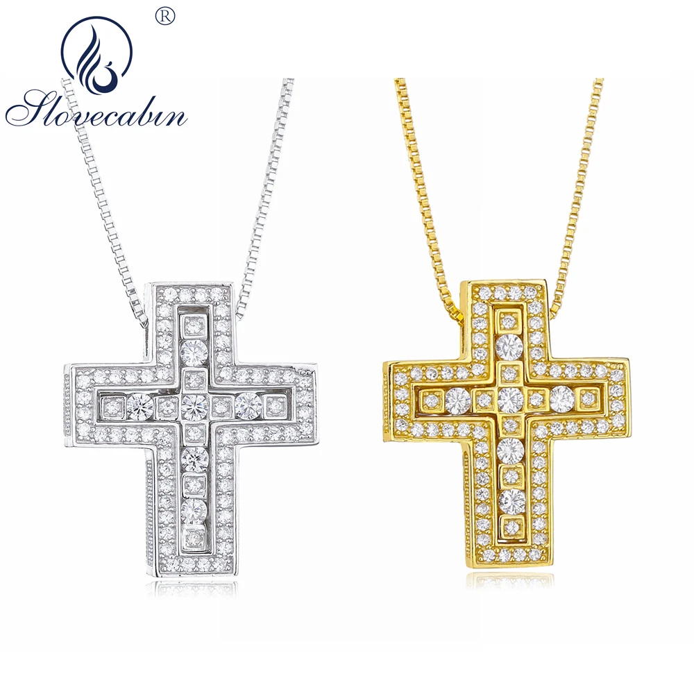 

Slovecabin Birthday Gift 925 Sterling Silver Double Cross Pendant Necklace For Men Big Wedding Cross Pendant With Crystal